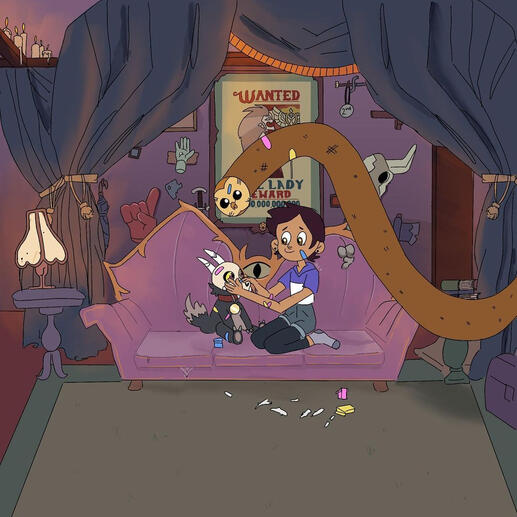 Created for &#39;Owl Week 2023&#39;, a small illustration titled &#39;Accident&#39; that shows Luz, King and Hooty sitting in the living room of The Owl House placing plasters on each other.
