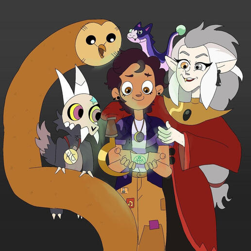 Created for &#39;Owl Week 2023&#39;, a small illustration titled &#39;Glyphs&#39; that shows Luz, King Eda, Hooty and Stringbean looking down at a glowing glyph that is held in Luz&#39;s hands.