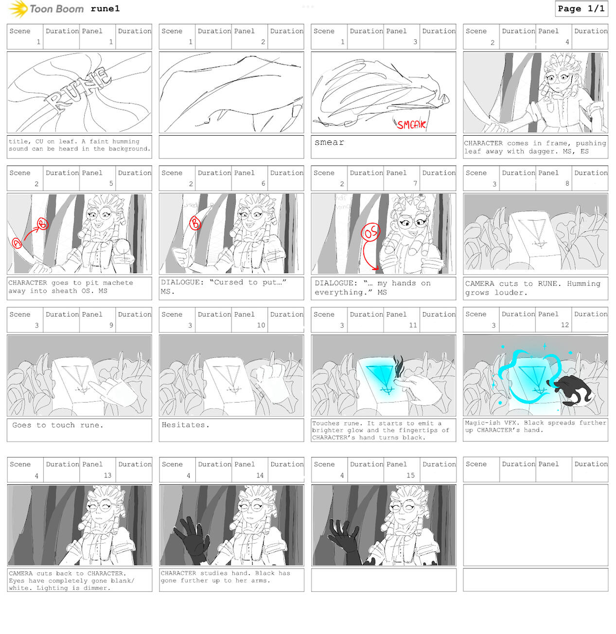 Storyboards created for a short 30s student film 'RUNE'